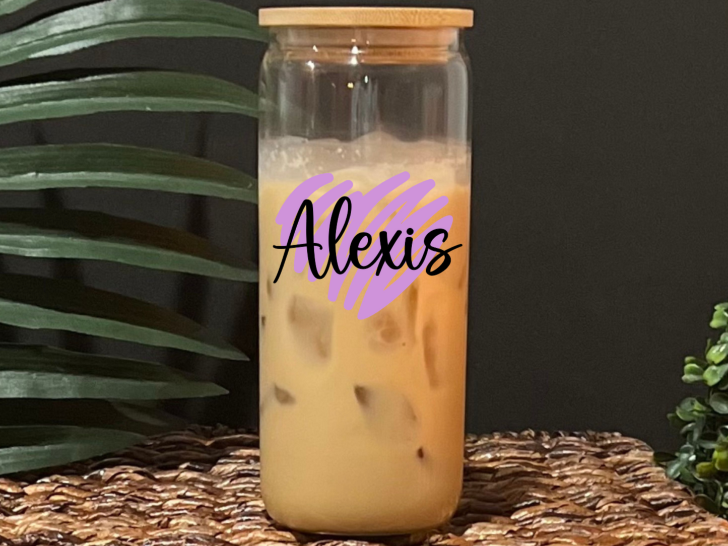 Personalized Brush Stroke Glass Drinking Cup with Lid & Straw