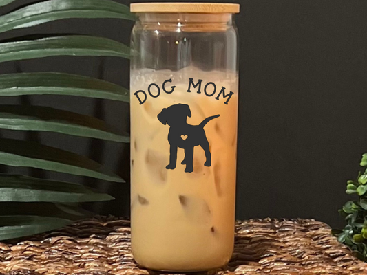 Dog Mom Glass Drinking Cup with Lid & Straw