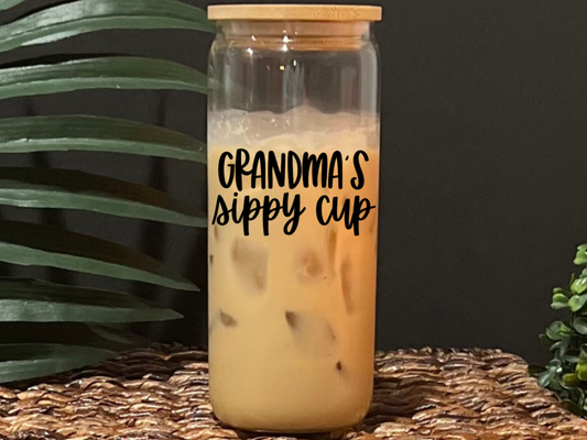 Grandma's Sippy Cup Glass Drinking Cup with Lid & Straw