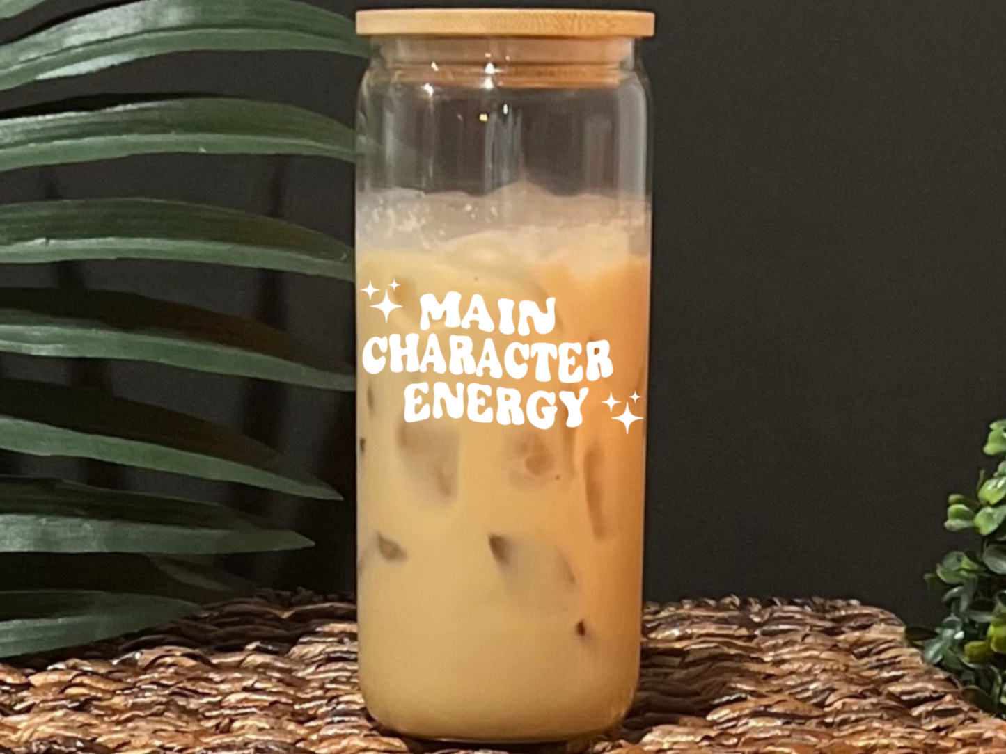 Main Character Energy Glass Drinking Cup with Lid & Straw