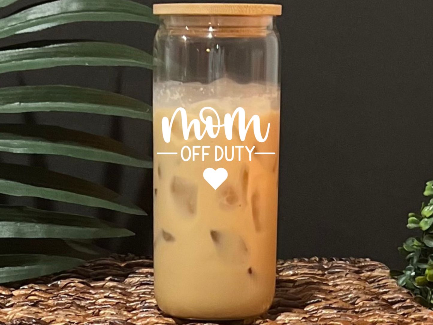 Mom Off Duty Glass Drinking Cup with Lid & Straw